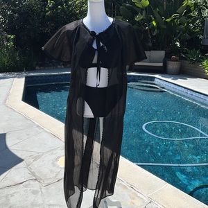 Amazing Black Sheer Pinstriped Cape/Robe/Bathing Suit Coverup